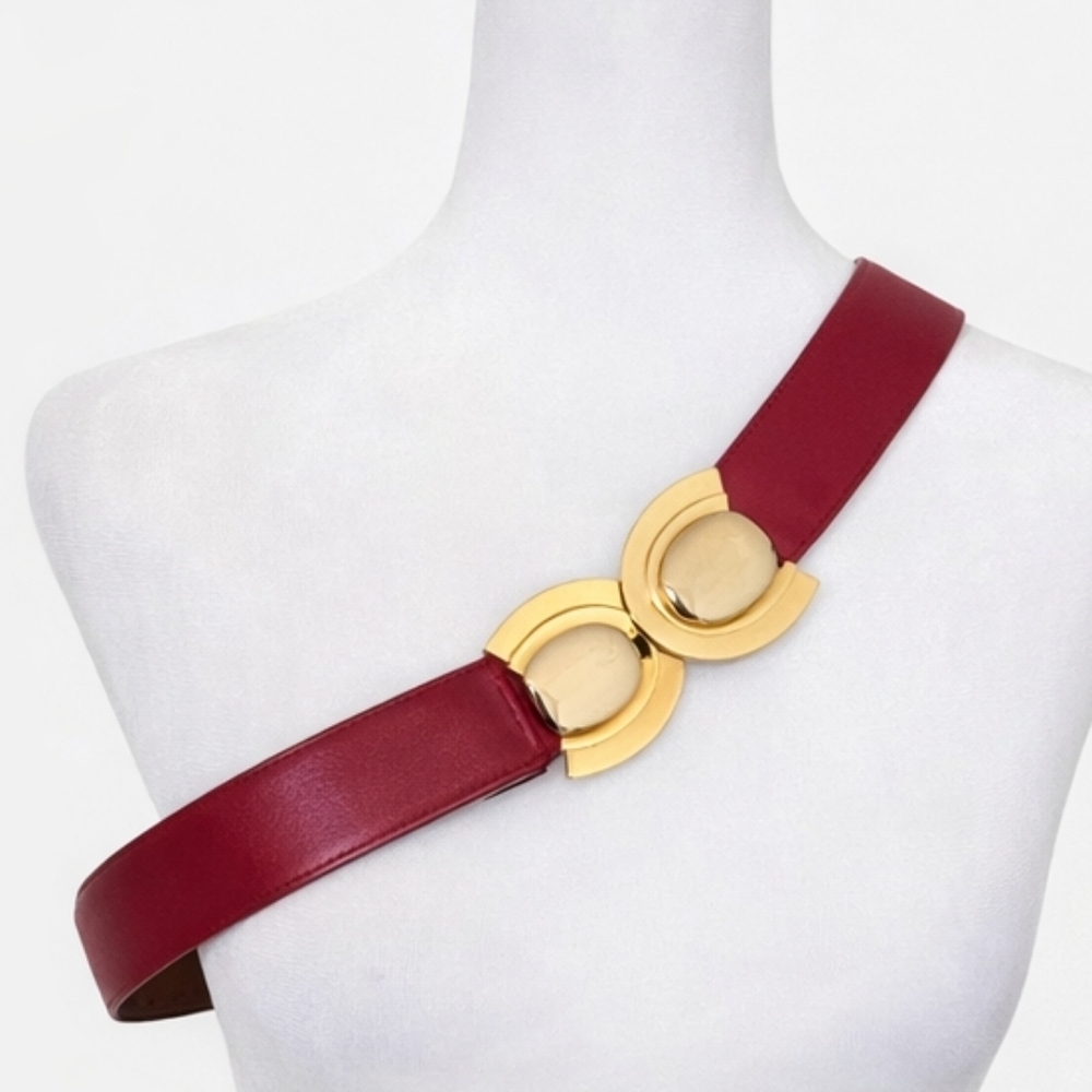 Vintage Liz Claiborne Red Leather Statement Belt | Gold Sculptural Buckle Large